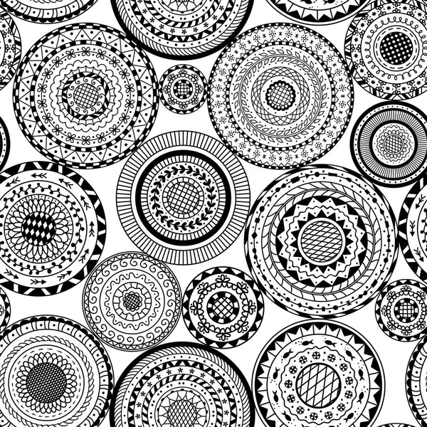 Векторный Бесшовный Рисунок Черно Белых Круглых Мандал Декоративный Фон Круговой — стоковый вектор