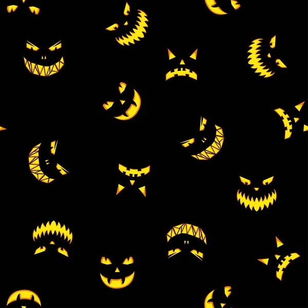 Seamless Pattern Halloween Pumpkins Carved Faces Silhouettes Black Background Halloween — Stock Vector