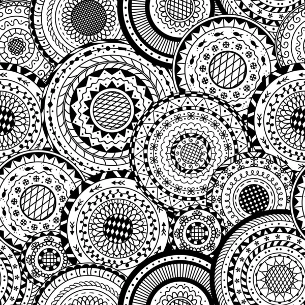 Padrão Sem Costura Vetorial Mandalas Redondas Preto Branco Fundo Decorativo — Vetor de Stock