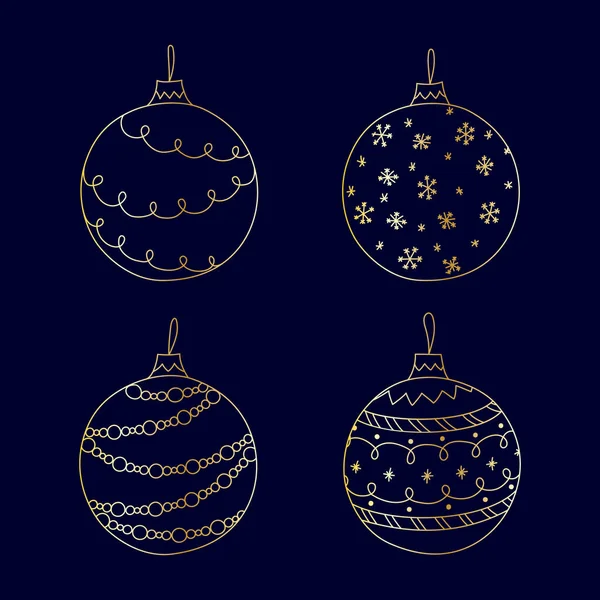 クリスマスのボールのおもちゃセットを描いたベクトル手 黄金のクリスマスボールおもちゃオンダークブルーの背景 — ストックベクタ