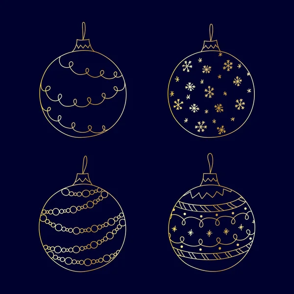 Vector Handritade Jul Boll Leksak Set Golden Christmas Boll Leksak — Stock vektor