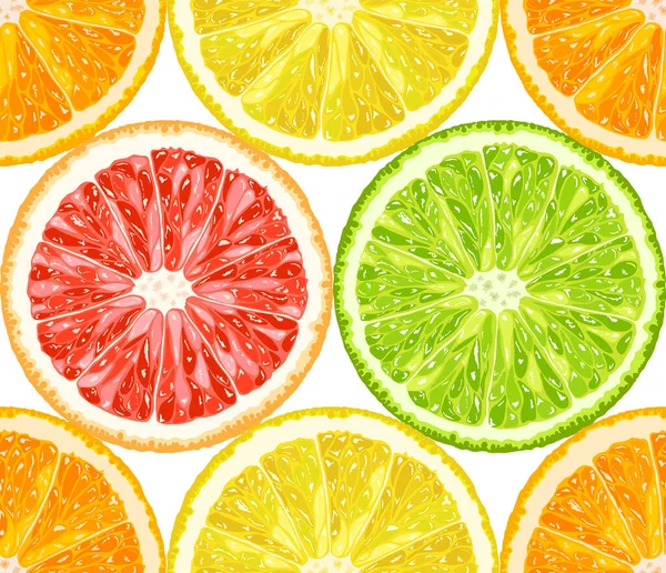柑橘類のスライスからベクトルシームレスなパターン オレンジ ライム レモン グレープフルーツ — ストックベクタ
