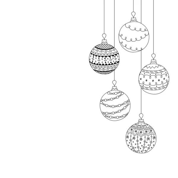 Beş Noel oyuncağının Noel davetiye kartı. El çizimi Noel ağacı oyuncakları. Noel, yeni yıl boyama sayfası