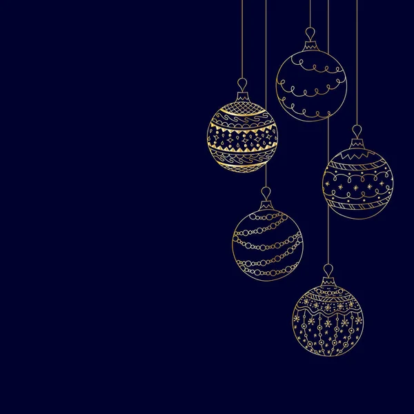 ダークブルーの背景に5つの金のクリスマスボールのおもちゃからベクトルクリスマス招待カード 手描きクリスマスツリーボールのおもちゃ — ストックベクタ
