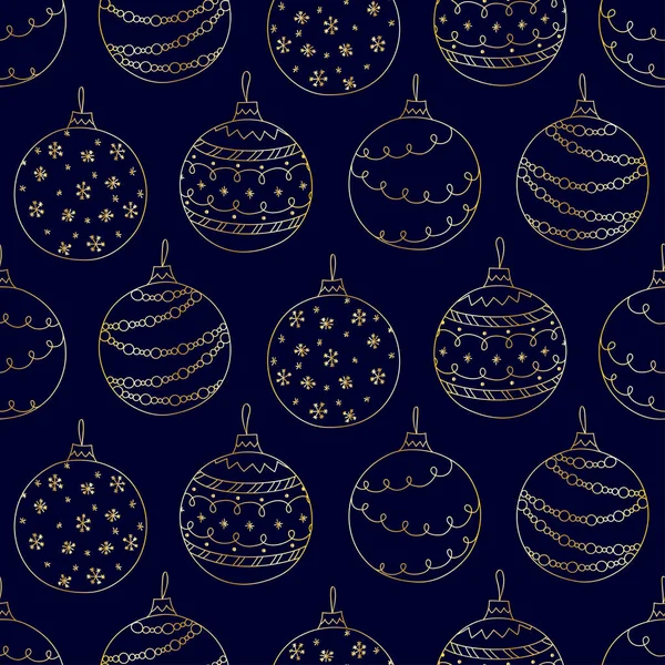 手のベクトルシームレスパターンは 濃い青の背景に黄金のクリスマスボールのおもちゃを描きました — ストックベクタ