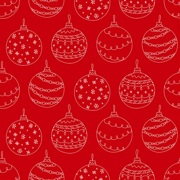ベクトルシームレスパターンの手描きホワイトクリスマスボールおもちゃ上の赤の背景 — ストックベクタ