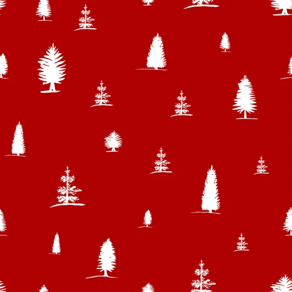 手描きスケッチからのベクトルシームレスなパターン白い木 モミの木 赤い背景にヒノキ — ストックベクタ