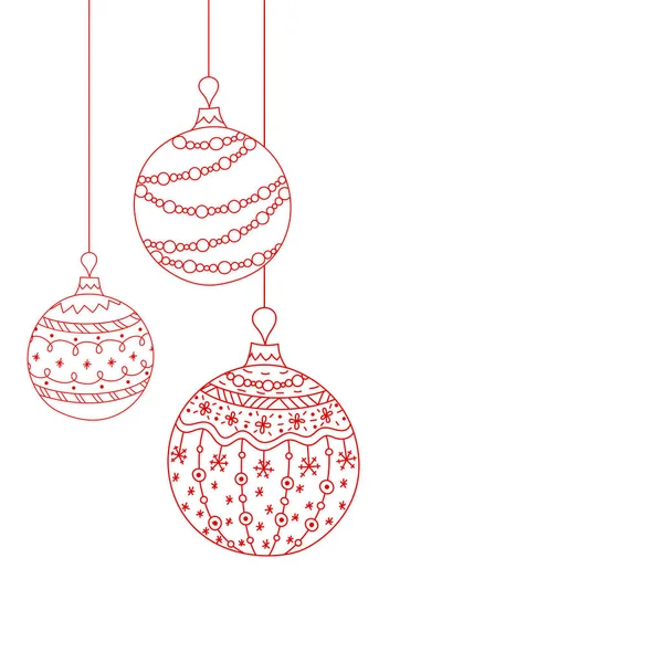 3つの赤いクリスマスボールのおもちゃからベクトルクリスマス招待カード 手描きクリスマスツリーボールのおもちゃ — ストックベクタ