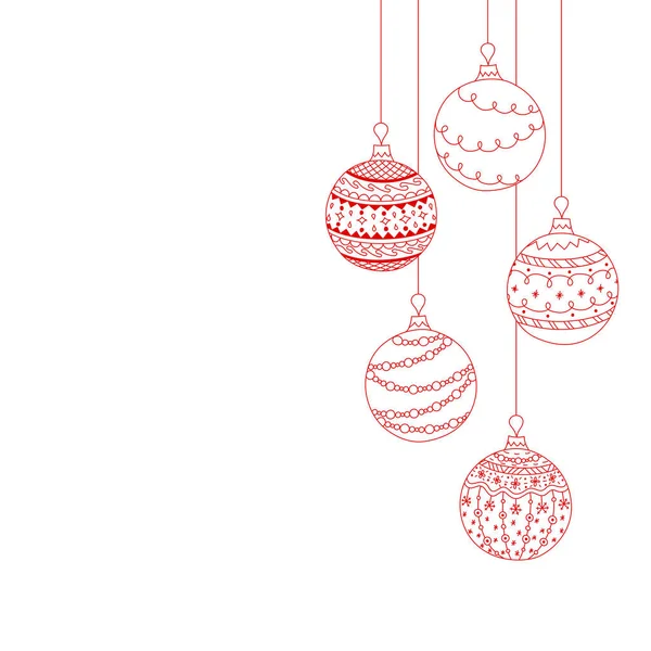 Beş kırmızı Noel oyuncağının Noel davetiye kartı. El çizimi Noel topu
