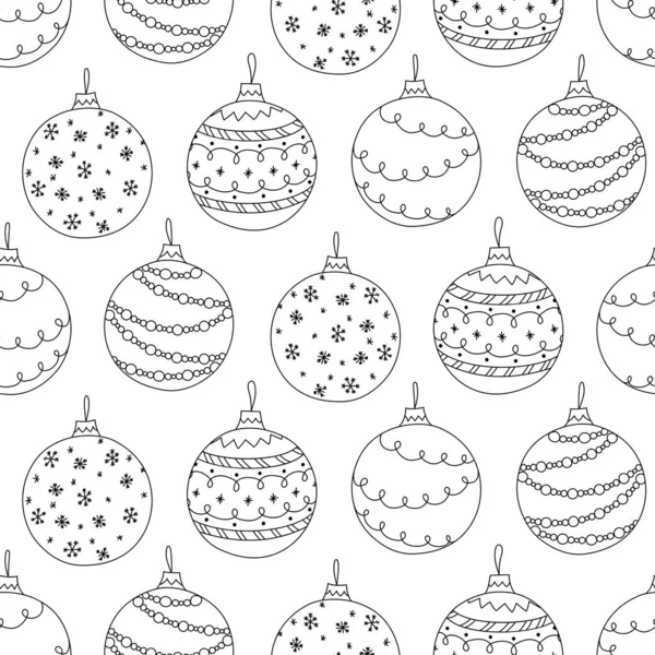 Vektor Nahtlose Muster Von Handgezeichneten Weihnachtskugel Spielzeug Malvorlagen Buch Urlaub — Stockvektor