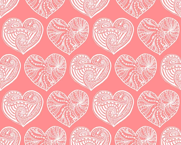 手描きのハートからベクトルシームレスなパターン ピンクの背景に白い心 聖バレンタインデーの背景 愛の象徴 ゼンタングル風のハート — ストックベクタ