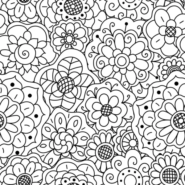 Vector seamless pattern of hand drawn floral doodle elements. Coloring page book for adults.