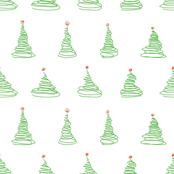 上に赤い装飾ボールと緑のクリスマスツリーをスケッチからベクトルシームレスパターン — ストックベクタ
