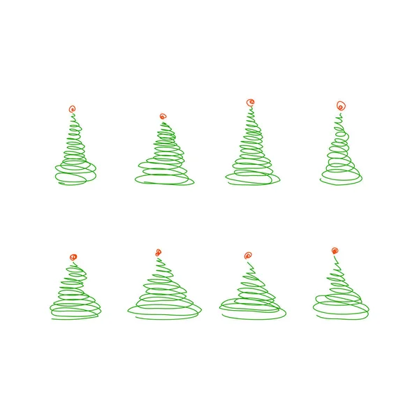 Ensemble Vectoriel Croquis Arbres Noël Verts Avec Boule Décoration Rouge — Image vectorielle