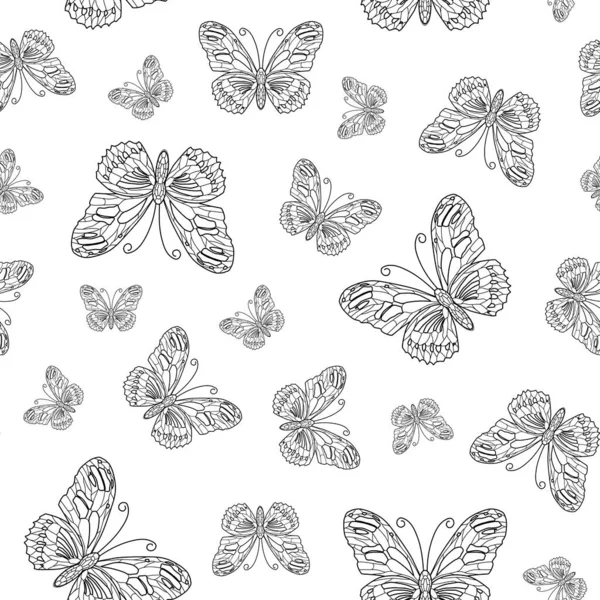 Vector Seamless Pattern Butterfly Contour Coloring Page Book Background — Stock Vector