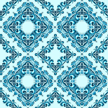 Beyaz arkaplanda soyut mavi elementten yapılmış kusursuz desen