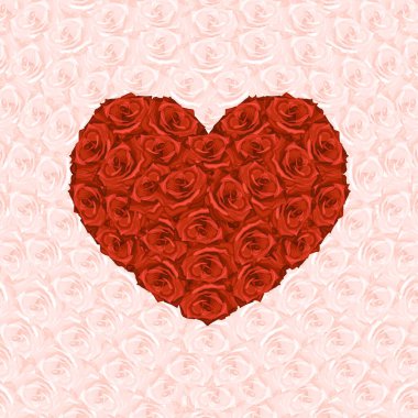 Arka planda pembe güllerden yapılmış kırmızı güllerin kalp çizimi 