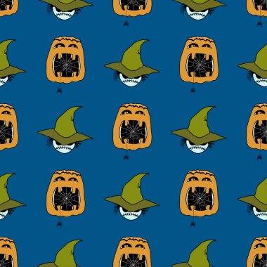 Şapkalı hayaletler ve örümcekli balkabağı desenleri. Cadılar Bayramı için sonsuz arkaplan