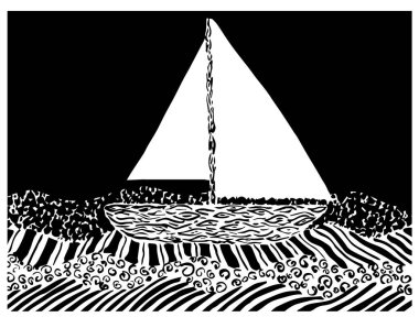 Deniz dalgaları üzerinde yatın grafik tarzında vektör çizimi. Yelkenli el çizimi tekne