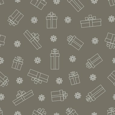 Basit doğrusal hediye kutularının ve gri arka planda kar tanelerinin kusursuz deseni. Bir satır tasarımı.
