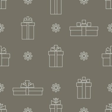 Basit doğrusal hediye kutularının ve gri arka planda kar tanelerinin kusursuz deseni. Bir satır tasarımı.