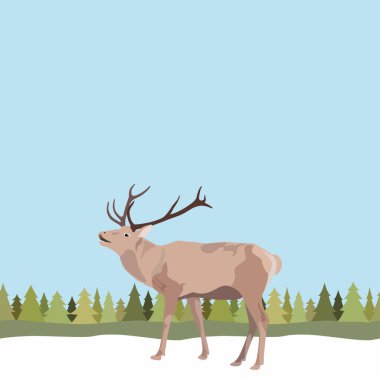 Vektör selamı, noel için davetiye, yeni yıl. Ağaçların ve karın pürüzsüz arka planında boynuzu olan taşıyıcı ren geyiği