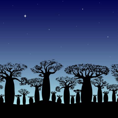 Gece gökyüzünde yıldızlı baobab siluetinin kusursuz dekoratif sınırı