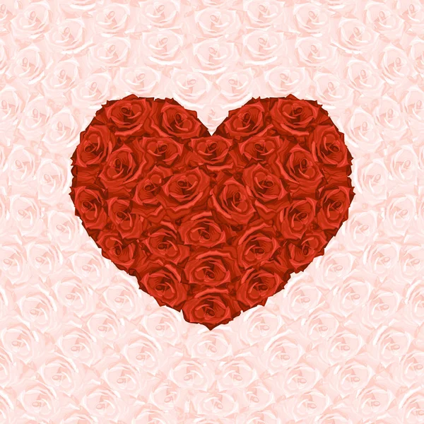 ピンクのバラを背景にした赤いバラのハートのイラスト — ストックベクタ