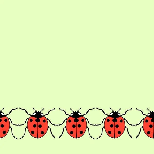 Batas Dekoratif Mulus Dari Ladybugs Datar Pada Latar Belakang Hijau - Stok Vektor