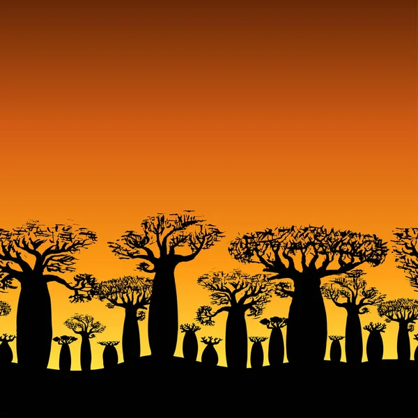 Borde Decorativo Sin Costuras Silueta Baobabs Atardecer Amanecer — Vector de stock