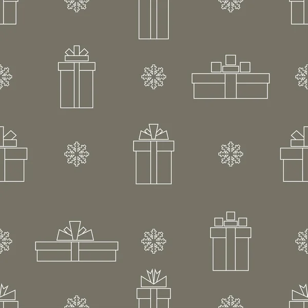 Modèle Sans Couture Boîtes Cadeaux Linéaires Simples Flocons Neige Sur — Image vectorielle