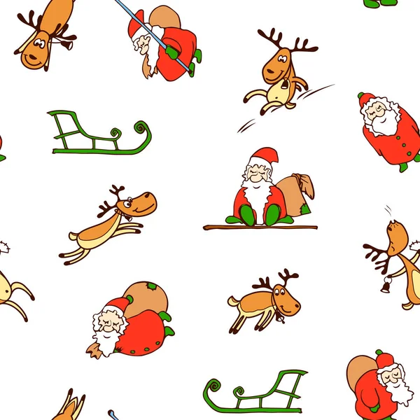 漫画サンタクロース トナカイ そりからのシームレスなパターン クリスマスの終わりのない背景 — ストックベクタ