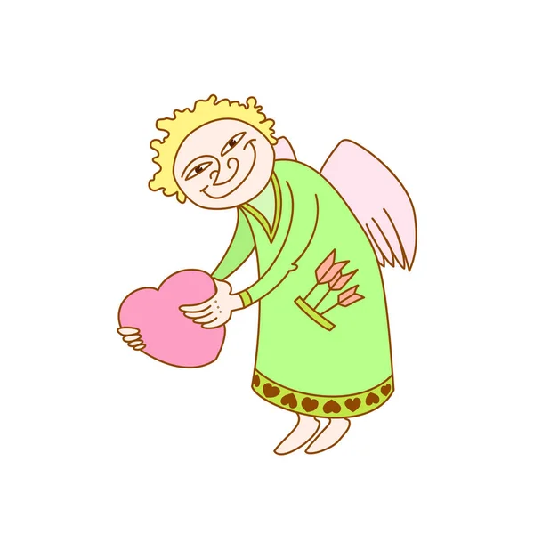 Ilustracja Wektorowa Kupidyn Różowym Sercem Rękach Karta Walentynki Symbol Miłości — Wektor stockowy