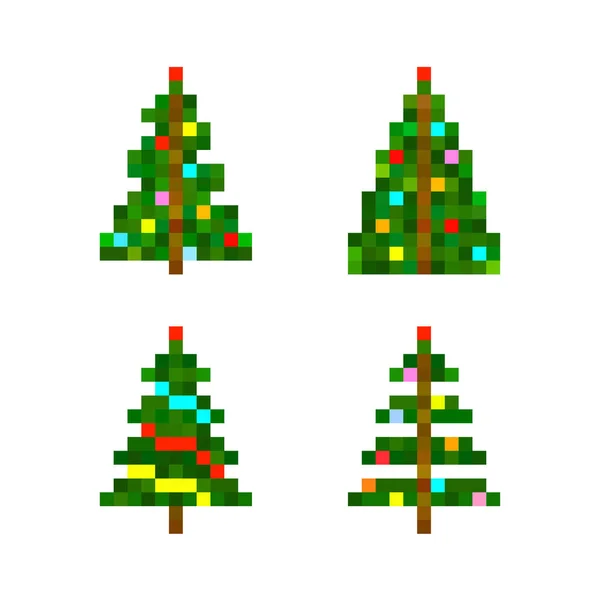 Vector Set Four Pixel Art Christmas Tree Flat Design — Stock Vector