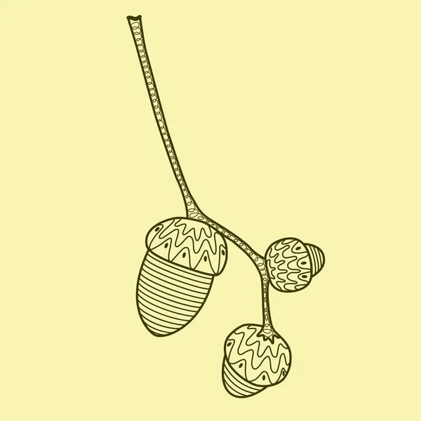 Oak Twig Three Acorns Yellow Background — Stock Vector
