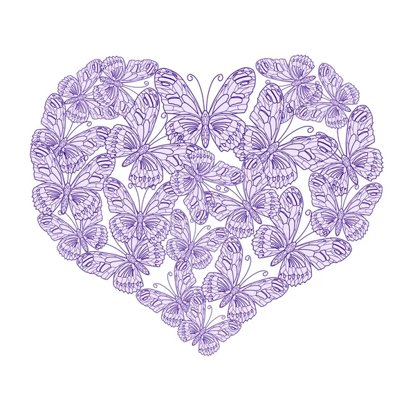 Ilustrační srdce motýlů na bílém pozadí — Stockový vektor
