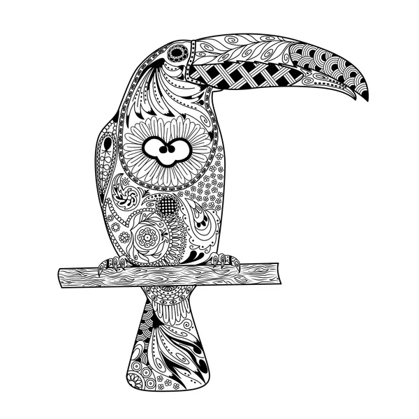 Zentangle Tucano estilizado. Ilustração vetorial doodle desenhado a mão — Vetor de Stock