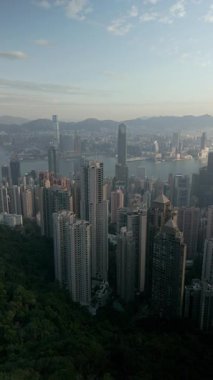 Tepe tarafı gözcüleri, su ve yeşil tepenin üstündeki katmanlı ufuk çizgisini gösteriyor. Feribotlar limanı geçerken ve akşam sisi Hong Kong dikey videosunu sararken, uzun kuleler ofis bloklarıyla karışıyor.