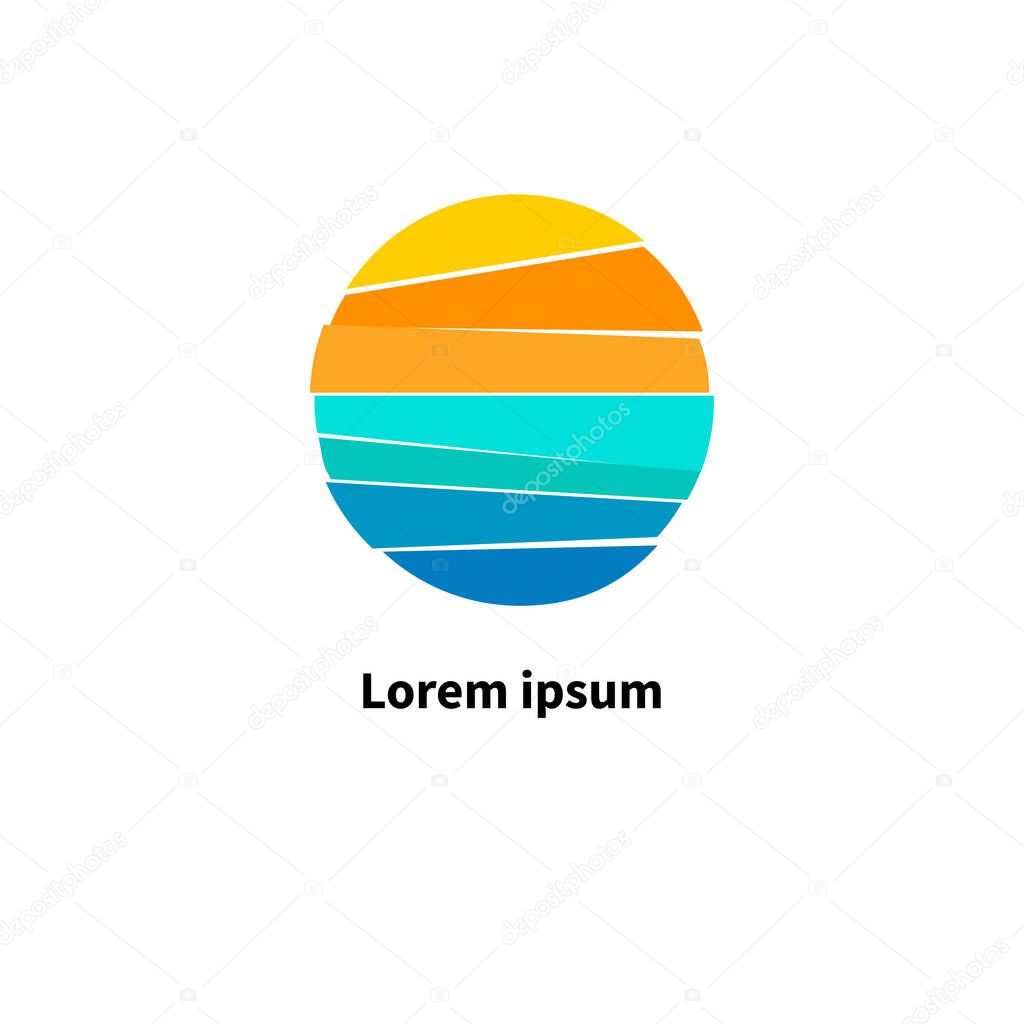 Sun and sea. Symbol of  journey. Round logo for travel agency, resort. Vector abstract illustration of blue and yellow circle