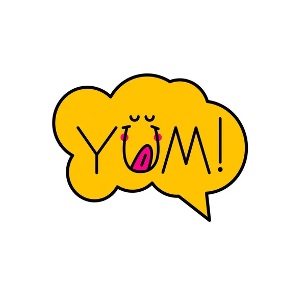 Yum Yum Yum Αυτοκόλλητο Banner Αστεία Γλείφει Πρόσωπο Κίτρινο Φόντο — Διανυσματικό Αρχείο