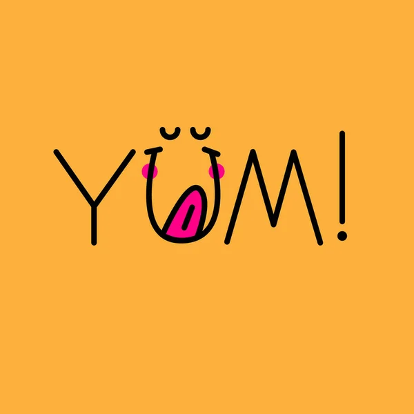 Yum Yum Yum Αυτοκόλλητο Banner Αστεία Γλείφει Πρόσωπο Κίτρινο Φόντο — Διανυσματικό Αρχείο