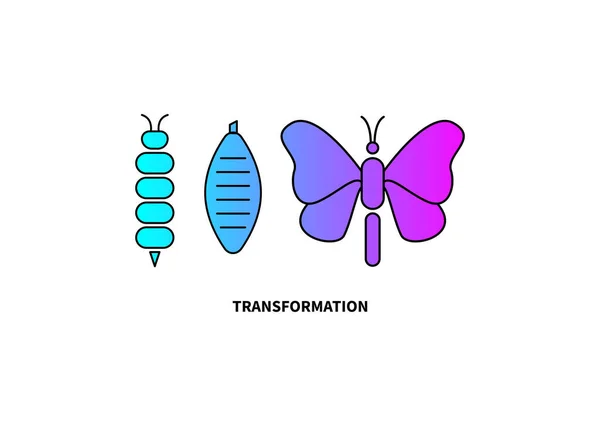 Concept Transformation Stades Chenille Papillon Cocon Changements Icône Croissance Personnelle — Image vectorielle