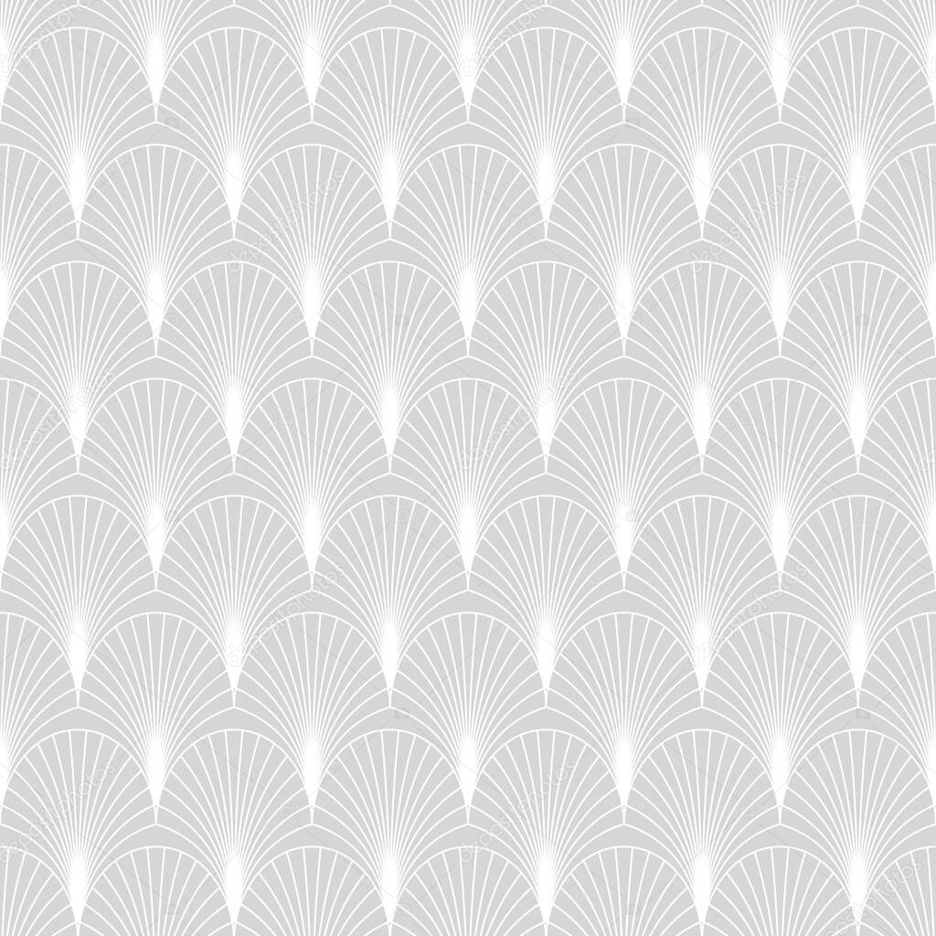 Elegant seamless art deco pattern with fans or palm leaves. Background with elements in shape of shell. Endless backdrop in style of nouveau.