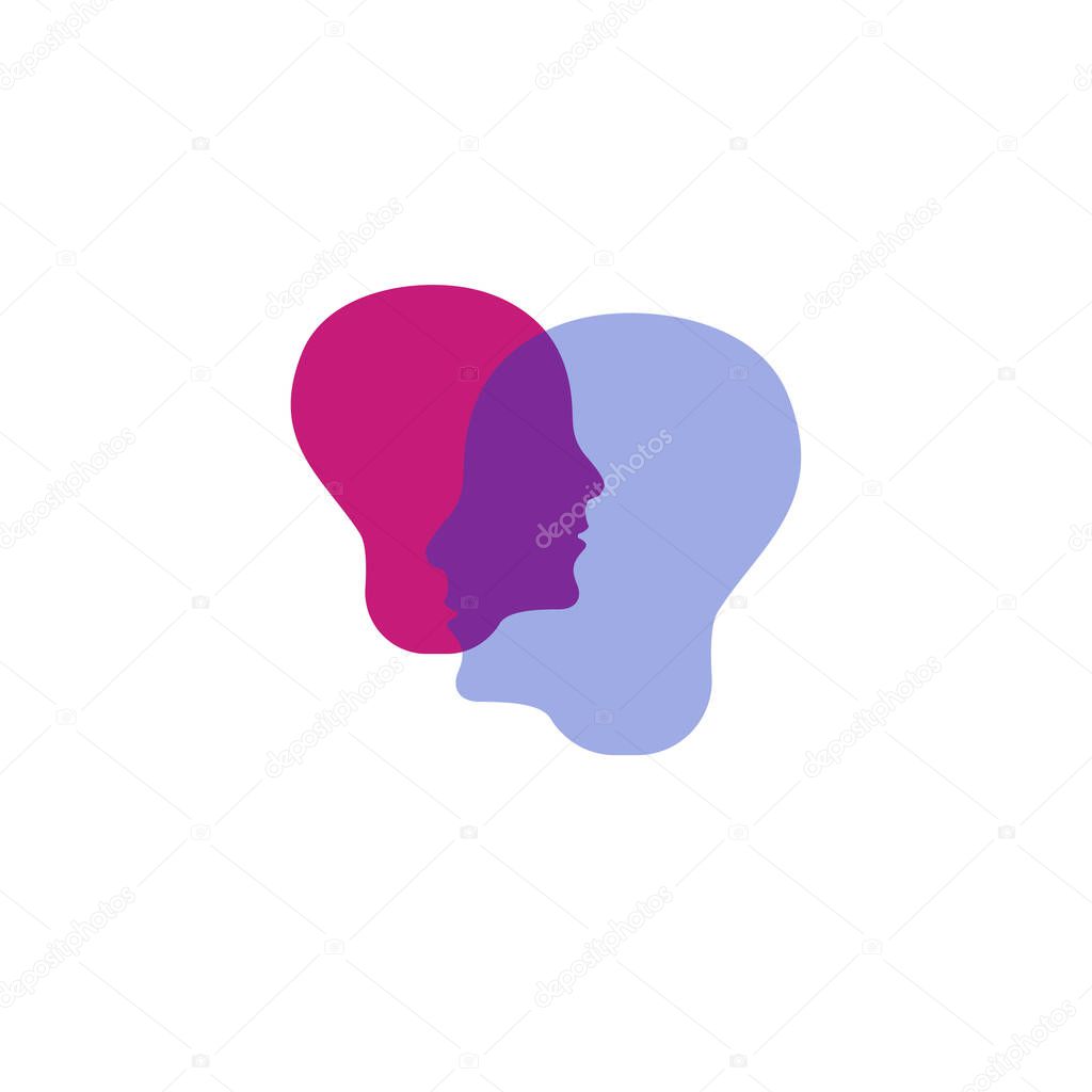 Empathy icon. Two male profiles isolated. Psychology, communication logo.