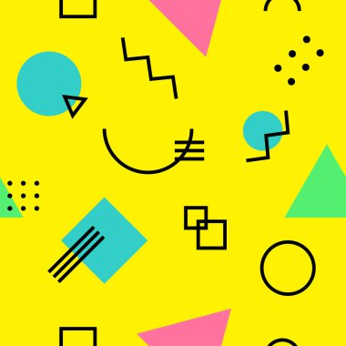 Memphis deseni klasik tarzda. Arka plan, duvar kağıdı. Minimum geometrik arkaplan. Retro biçiminde soyut, pürüzsüz desen. 