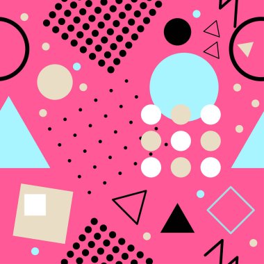 Memphis stilinde kusursuz desen geometrik soyut şekiller, üçgen, daire, kare. Tekstil, kapak, broşürler için Geometri arka planı