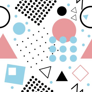 Memphis stilinde kusursuz desen geometrik soyut şekiller, üçgen, daire, kare. Tekstil, kapak, broşürler için Geometri arka planı