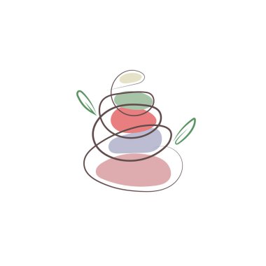 Spa ikonu, yapraklı düz taşlar yığını. Vektör meditasyon logosu, masaj sembolü
