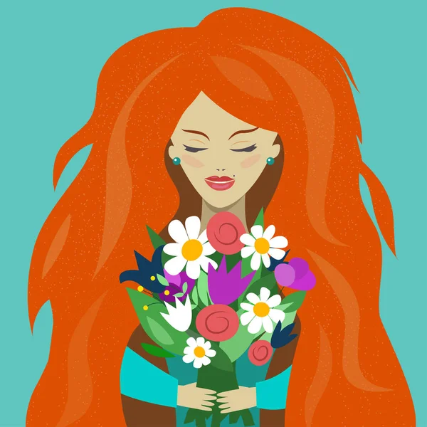 Mulher Com Flores Ilustração Para Dia Março Menina Com Buquê —  Vetores de Stock