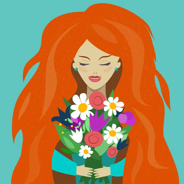 Vrouw Met Bloemen Illustratie Voor Maart Meisje Met Boeket Lentebloemen — Stockvector